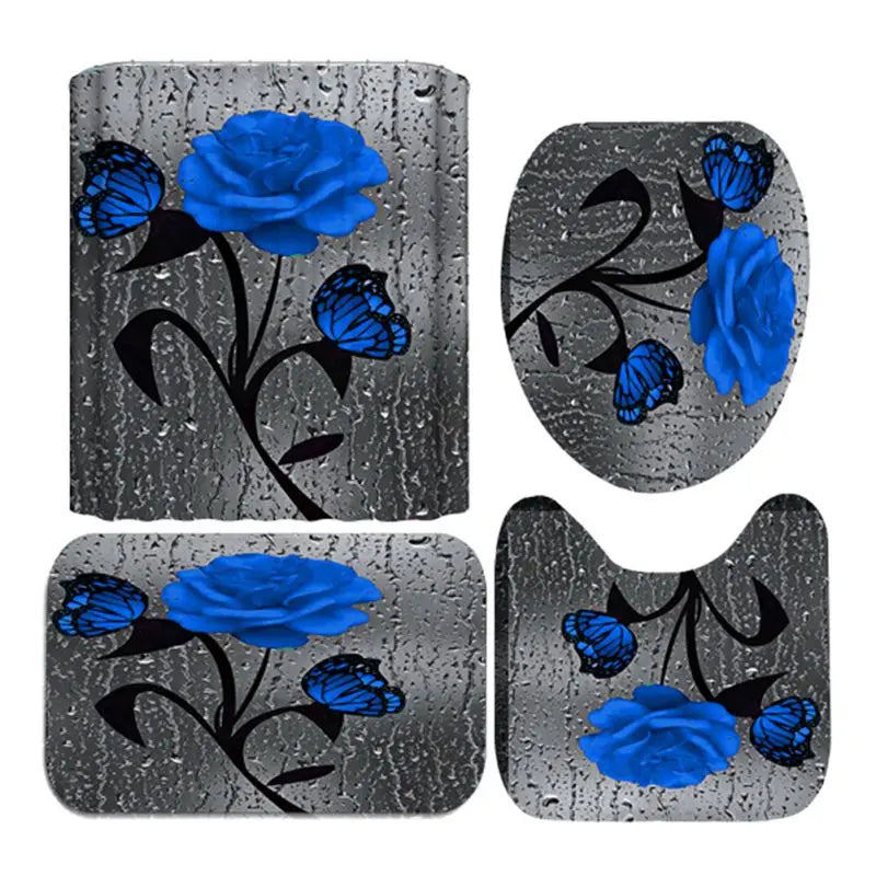 4pcs Set, Doormat, Shower Curtain, Non-Slip Rugs, Toilet Seat Cover, Durable Waterproof