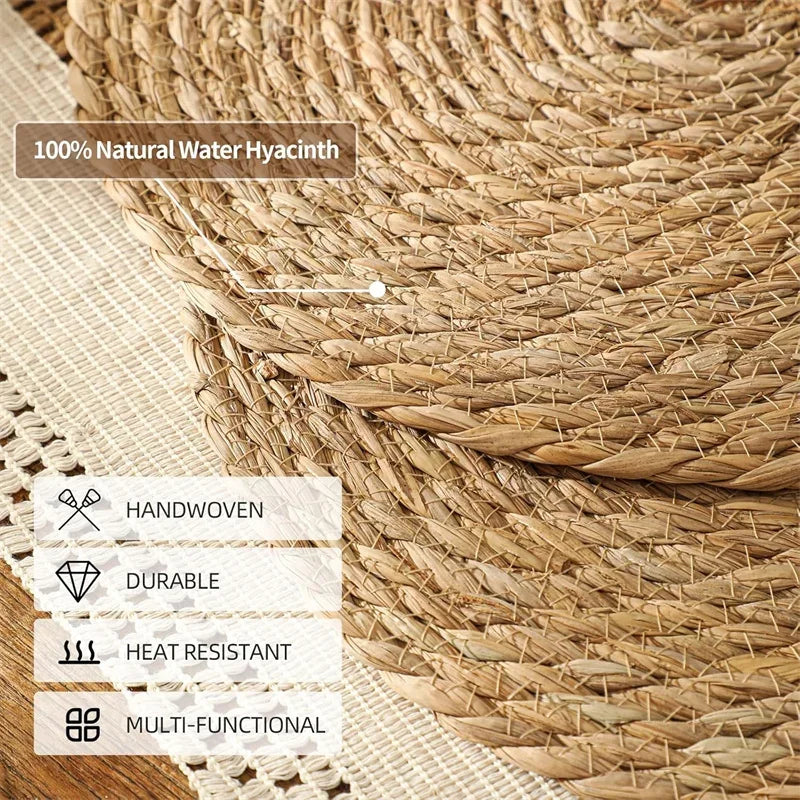 4/8/12pcs.  Round Woven Placemats Sets.  Boho Rattan Natural Placemats in a Farmhouse Weave.