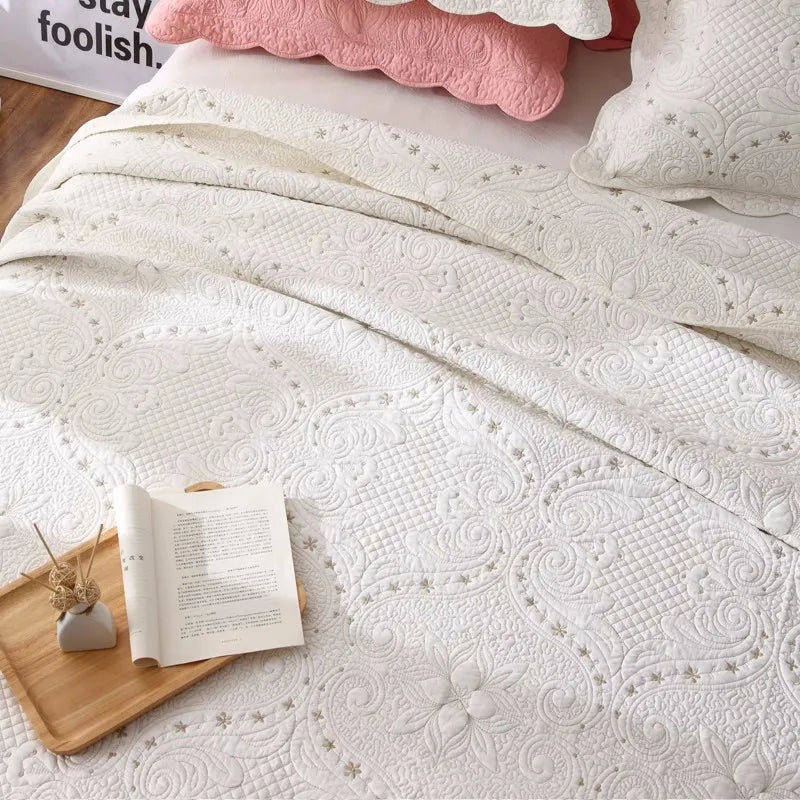 Double-sided Embroidered Cotton Quilted Bedspread.  Padded Summer Blanket, Throw or Coverlet.