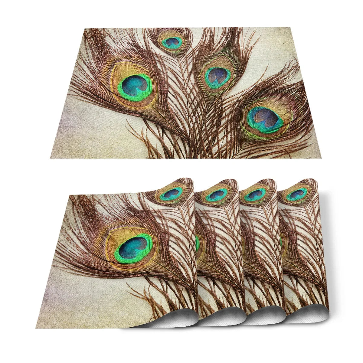 4pcs Set Table Mats.  Peacock Feather Art Printed Cotton Linen Table Napkin.  Party Decorative Placemats