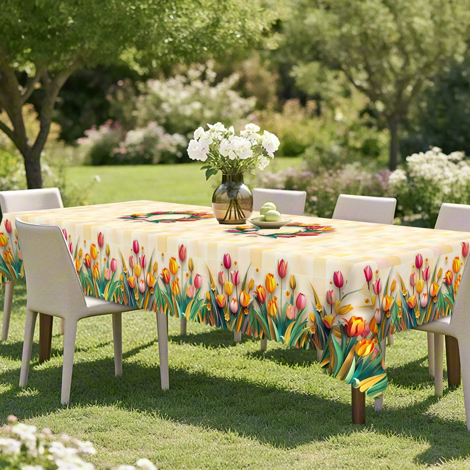 1 Piece Spring/Summer Flower Tablecloth.  Tulip Print Tablecloth.  Restaurant or Kitchen Accessory.  Outdoor Decoration for:  Picnic, Camping. Perfect for Graduation Season, Mother's Day or an Ideal Gift for Family Members.