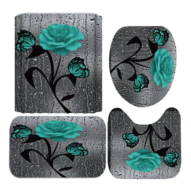 4pcs Set, Doormat, Shower Curtain, Non-Slip Rugs, Toilet Seat Cover, Durable Waterproof