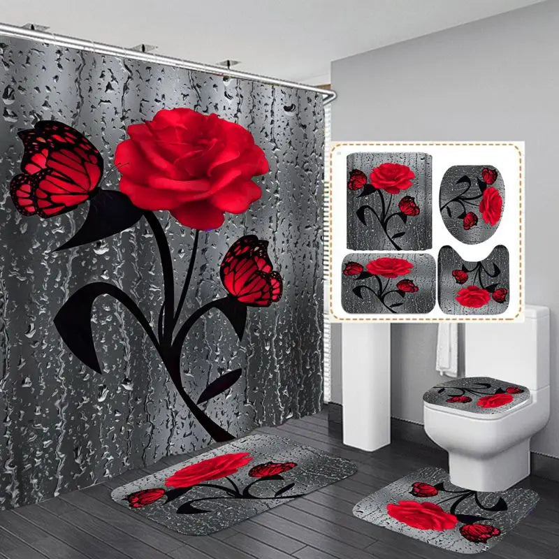 4pcs Set, Doormat, Shower Curtain, Non-Slip Rugs, Toilet Seat Cover, Durable Waterproof