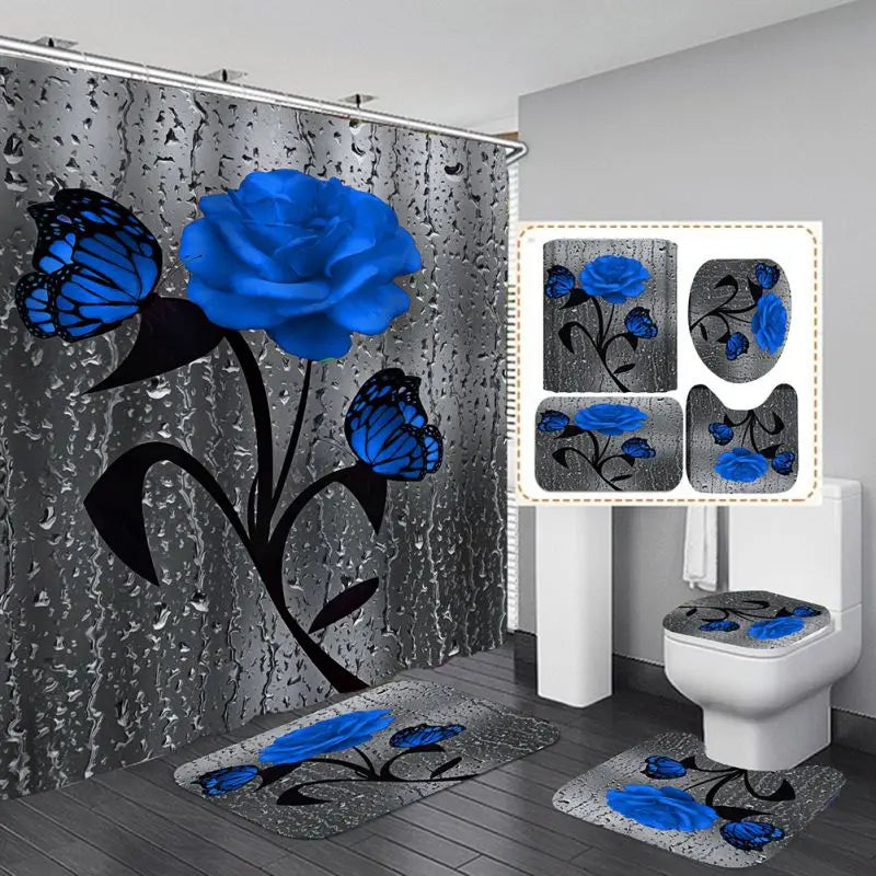 4pcs Set, Doormat, Shower Curtain, Non-Slip Rugs, Toilet Seat Cover, Durable Waterproof