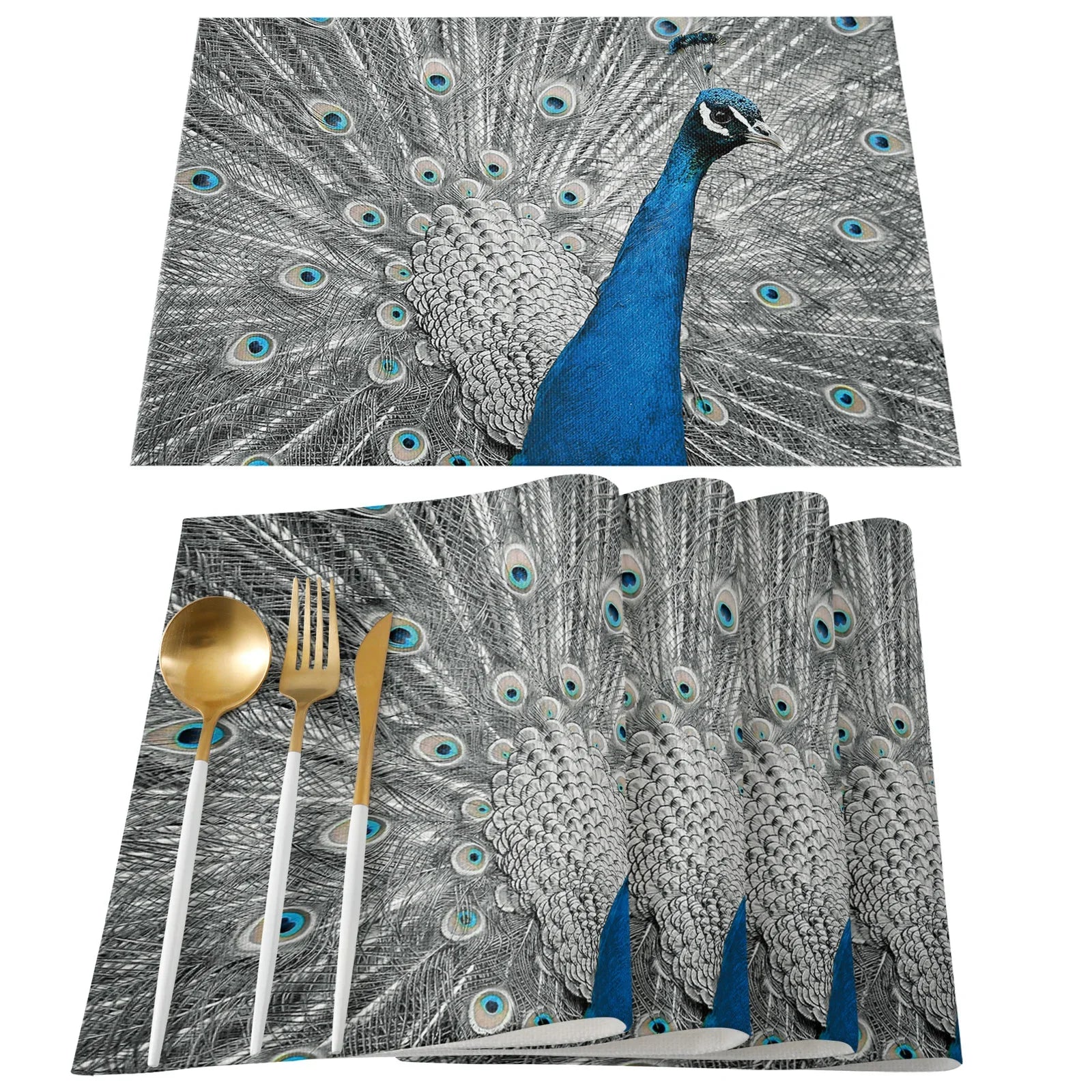 4pcs Set Table Mats.  Peacock Feather Art Printed Cotton Linen Table Napkin.  Party Decorative Placemats