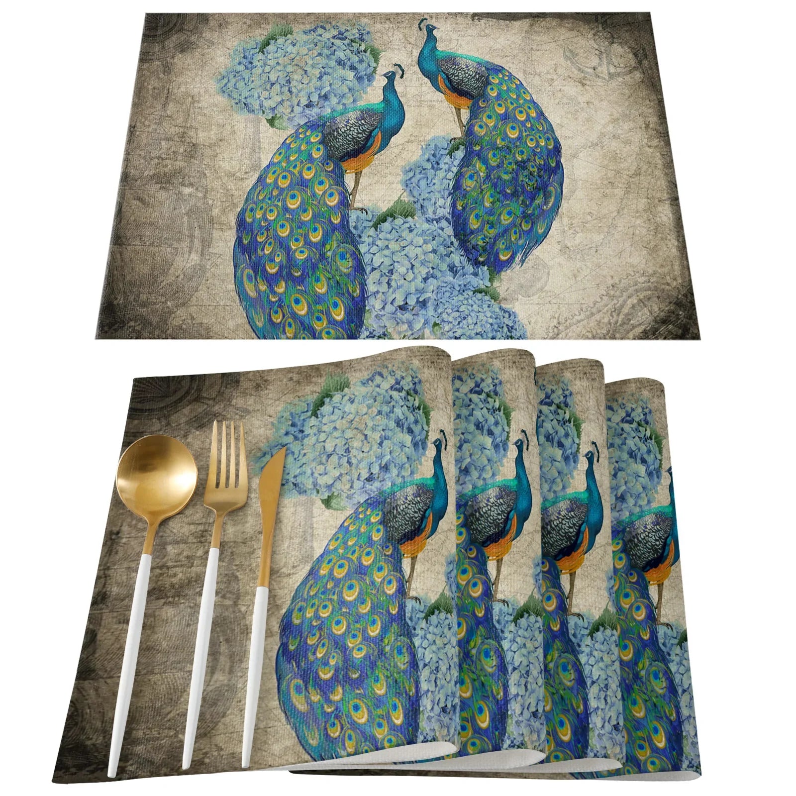 4pcs Set Table Mats.  Peacock Feather Art Printed Cotton Linen Table Napkin.  Party Decorative Placemats