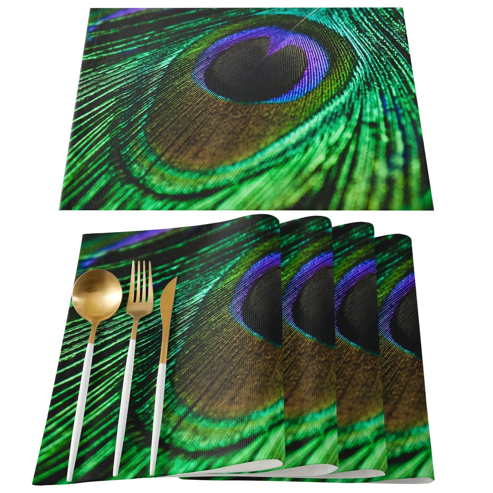 4pcs Set Table Mats.  Peacock Feather Art Printed Cotton Linen Table Napkin.  Party Decorative Placemats