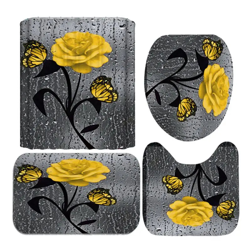 4pcs Set, Doormat, Shower Curtain, Non-Slip Rugs, Toilet Seat Cover, Durable Waterproof