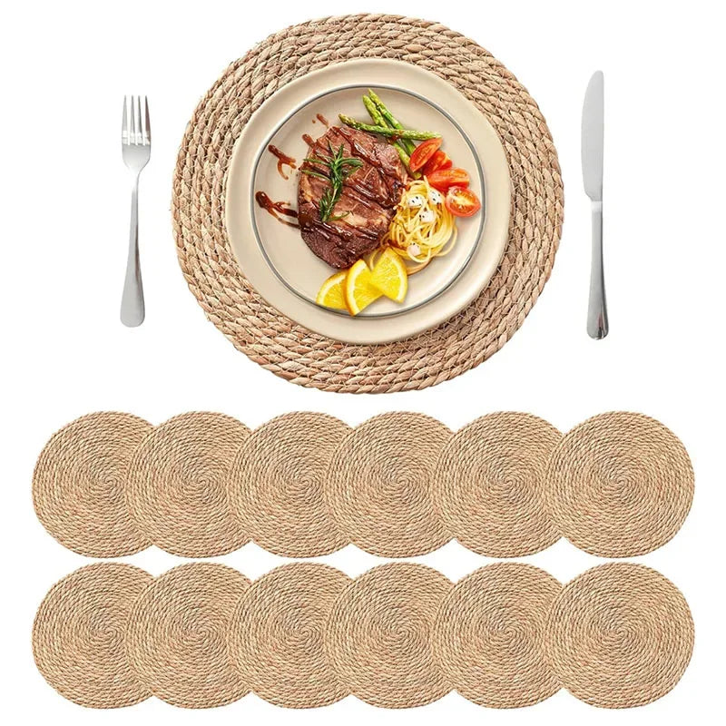 4/8/12pcs.  Round Woven Placemats Sets.  Boho Rattan Natural Placemats in a Farmhouse Weave.