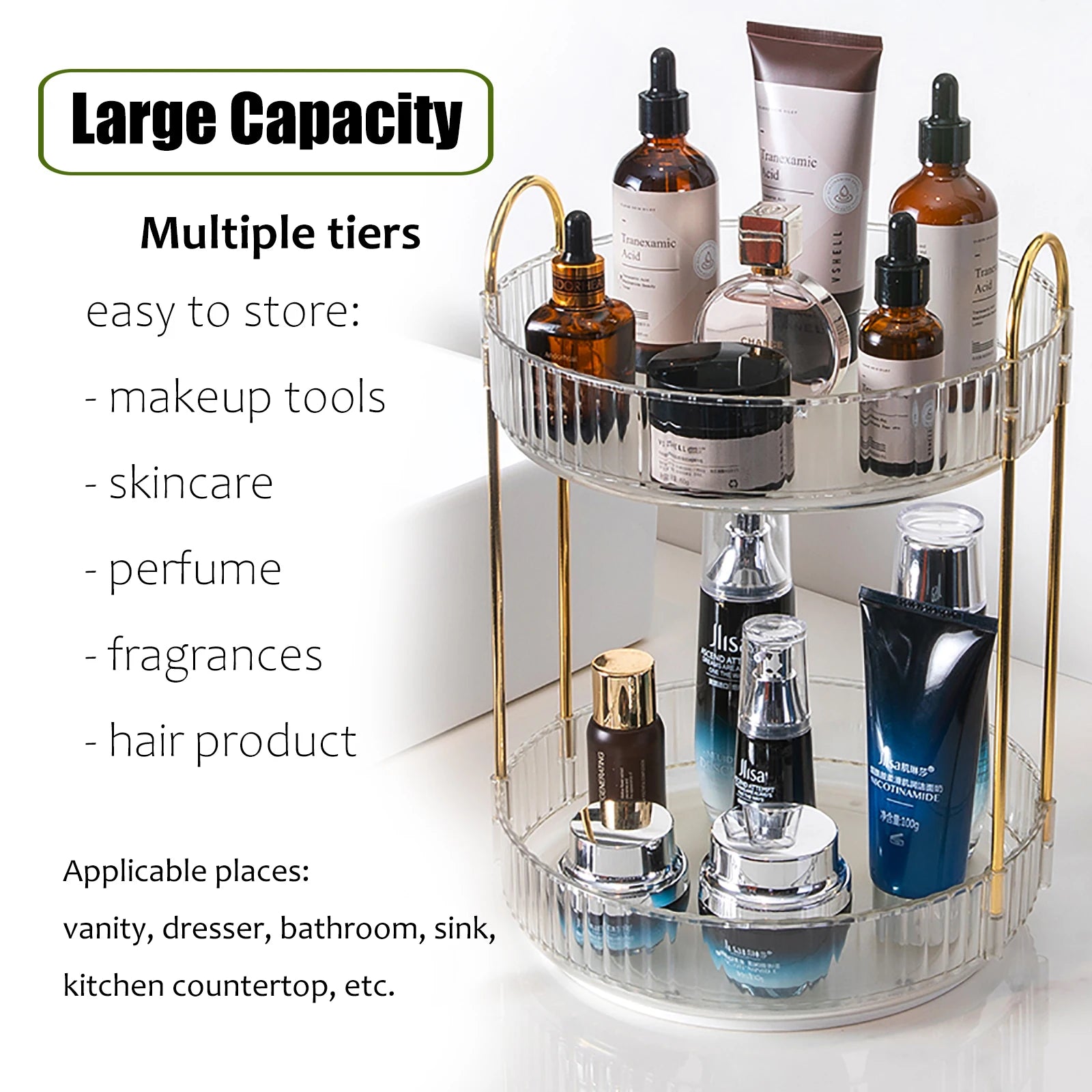 Countertop, Rotating Makeup Organizer for Vanity. High-Capacity Storage. Perfume, Cosmetic,