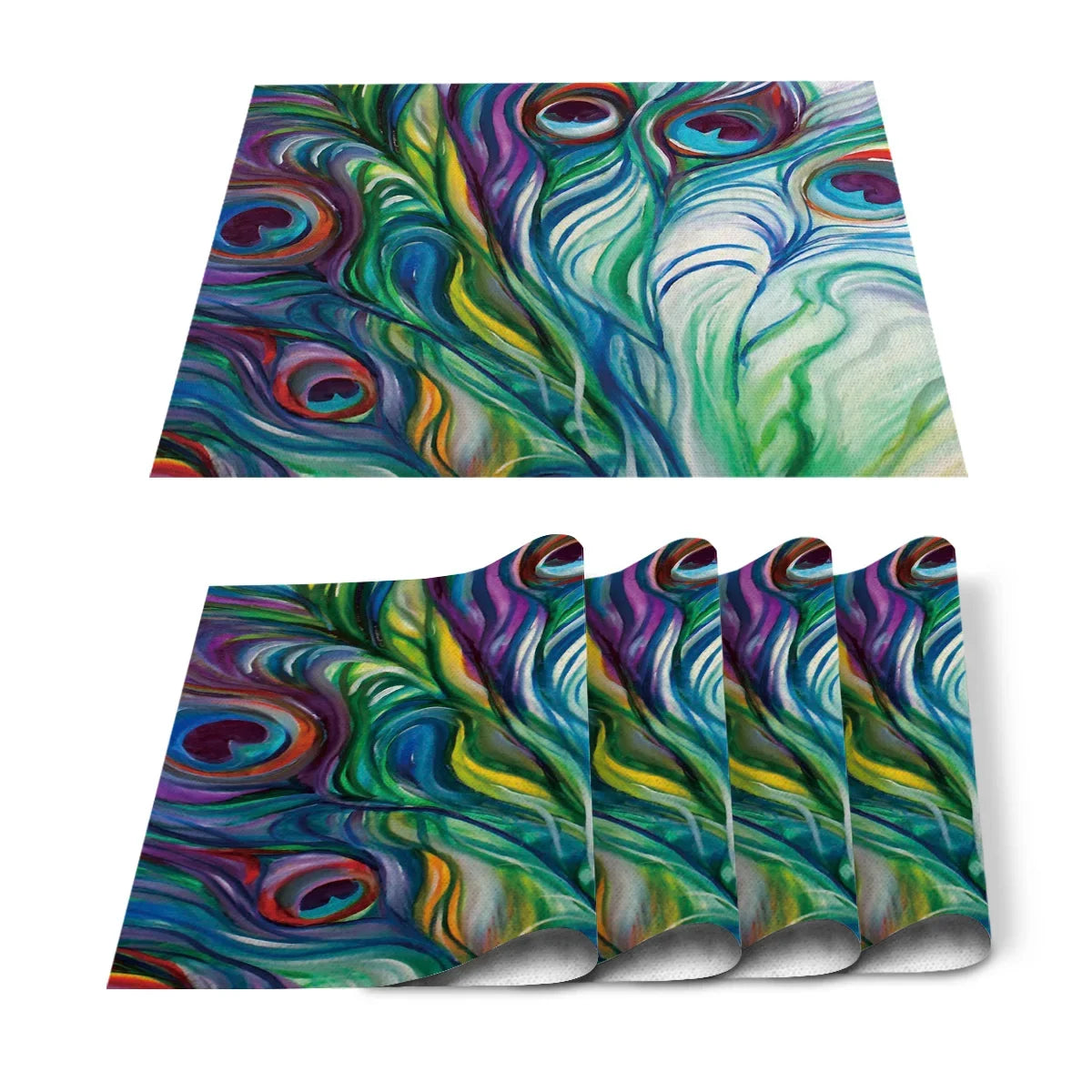 4pcs Set Table Mats.  Peacock Feather Art Printed Cotton Linen Table Napkin.  Party Decorative Placemats