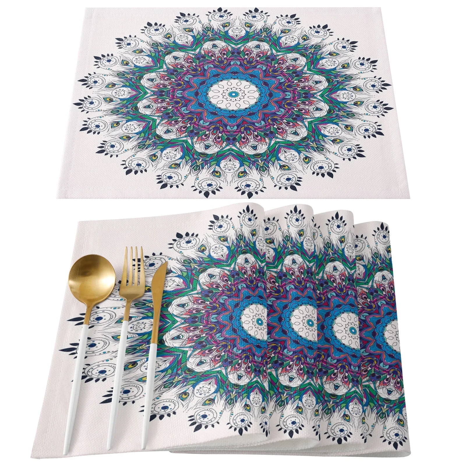 4pcs Set Table Mats.  Peacock Feather Art Printed Cotton Linen Table Napkin.  Party Decorative Placemats