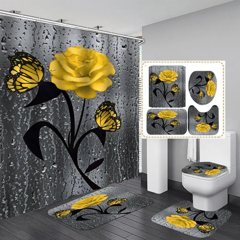 4pcs Set, Doormat, Shower Curtain, Non-Slip Rugs, Toilet Seat Cover, Durable Waterproof