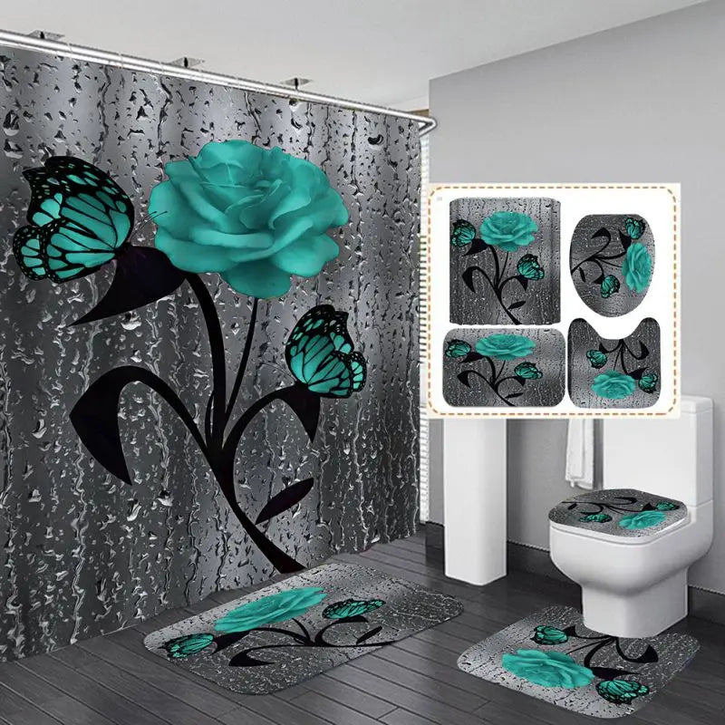 4pcs Set, Doormat, Shower Curtain, Non-Slip Rugs, Toilet Seat Cover, Durable Waterproof