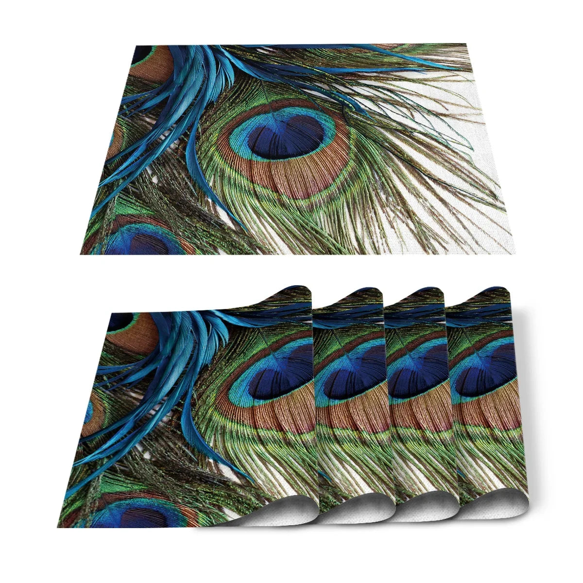 4pcs Set Table Mats.  Peacock Feather Art Printed Cotton Linen Table Napkin.  Party Decorative Placemats