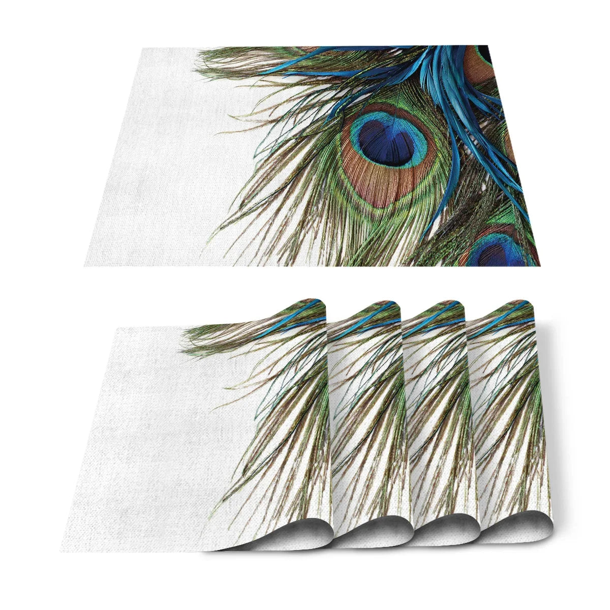 4pcs Set Table Mats.  Peacock Feather Art Printed Cotton Linen Table Napkin.  Party Decorative Placemats