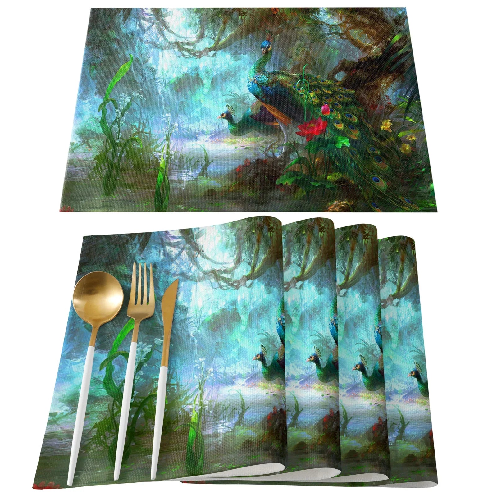 4pcs Set Table Mats.  Peacock Feather Art Printed Cotton Linen Table Napkin.  Party Decorative Placemats