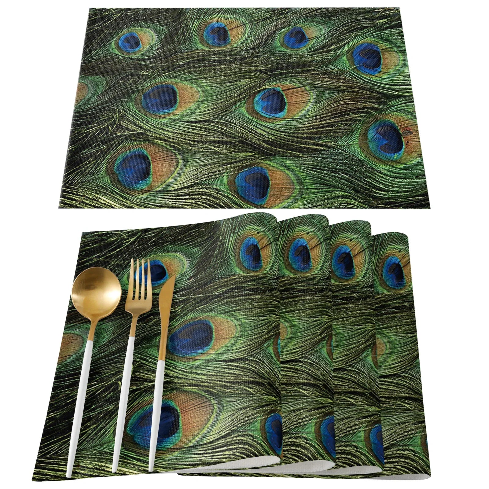 4pcs Set Table Mats.  Peacock Feather Art Printed Cotton Linen Table Napkin.  Party Decorative Placemats