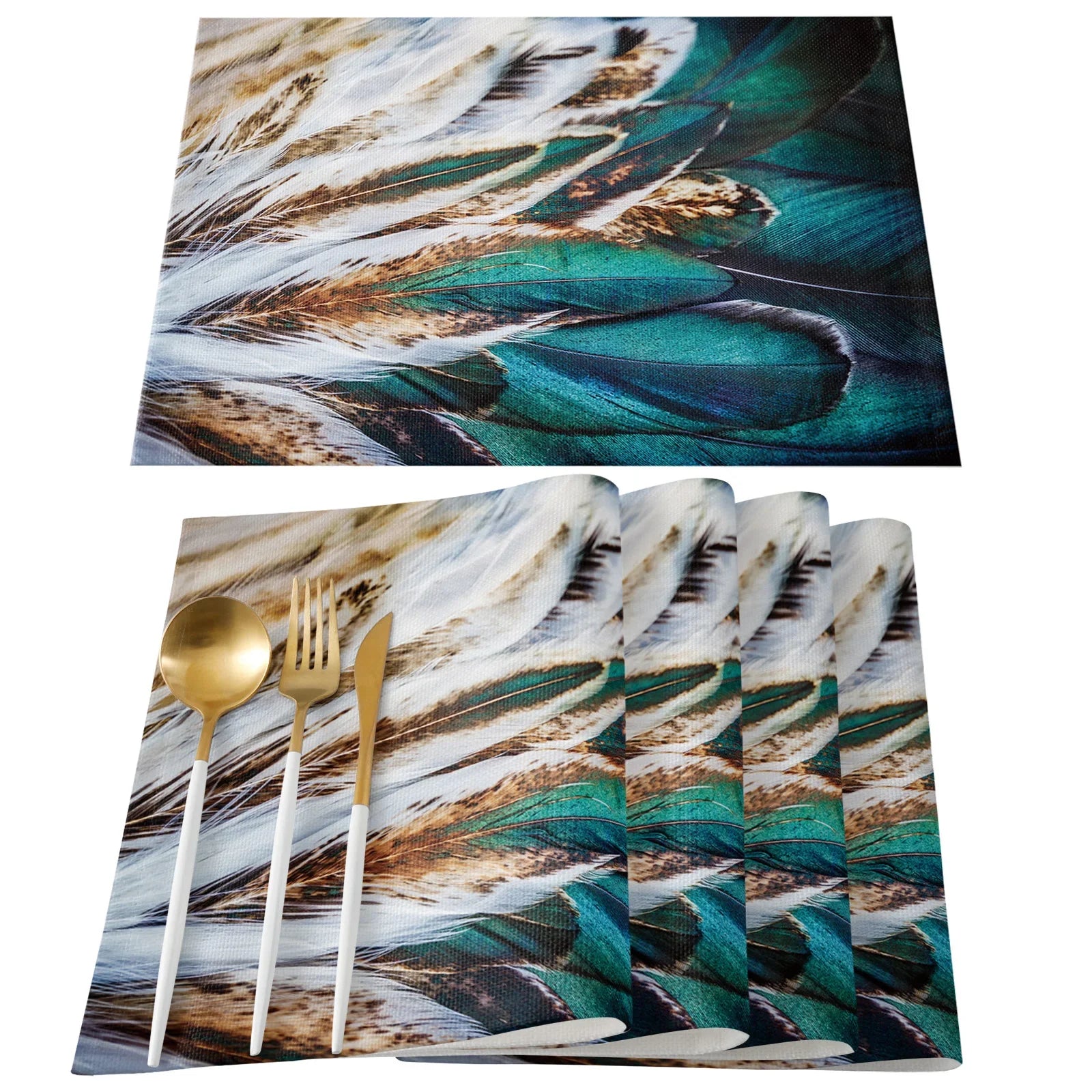 4pcs Set Table Mats.  Peacock Feather Art Printed Cotton Linen Table Napkin.  Party Decorative Placemats