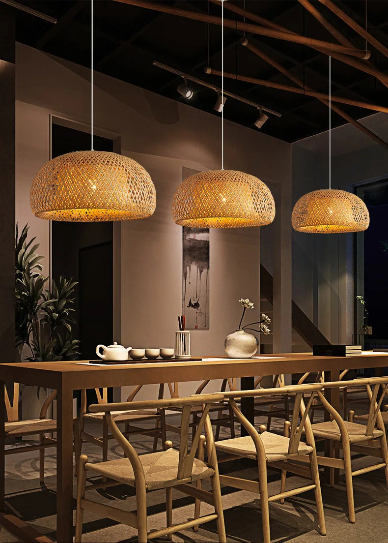 Bamboo Lantern, Pendant Lamp, Natural Rattan Wicker.  LED Chandeliers Hand-Woven Lampshades