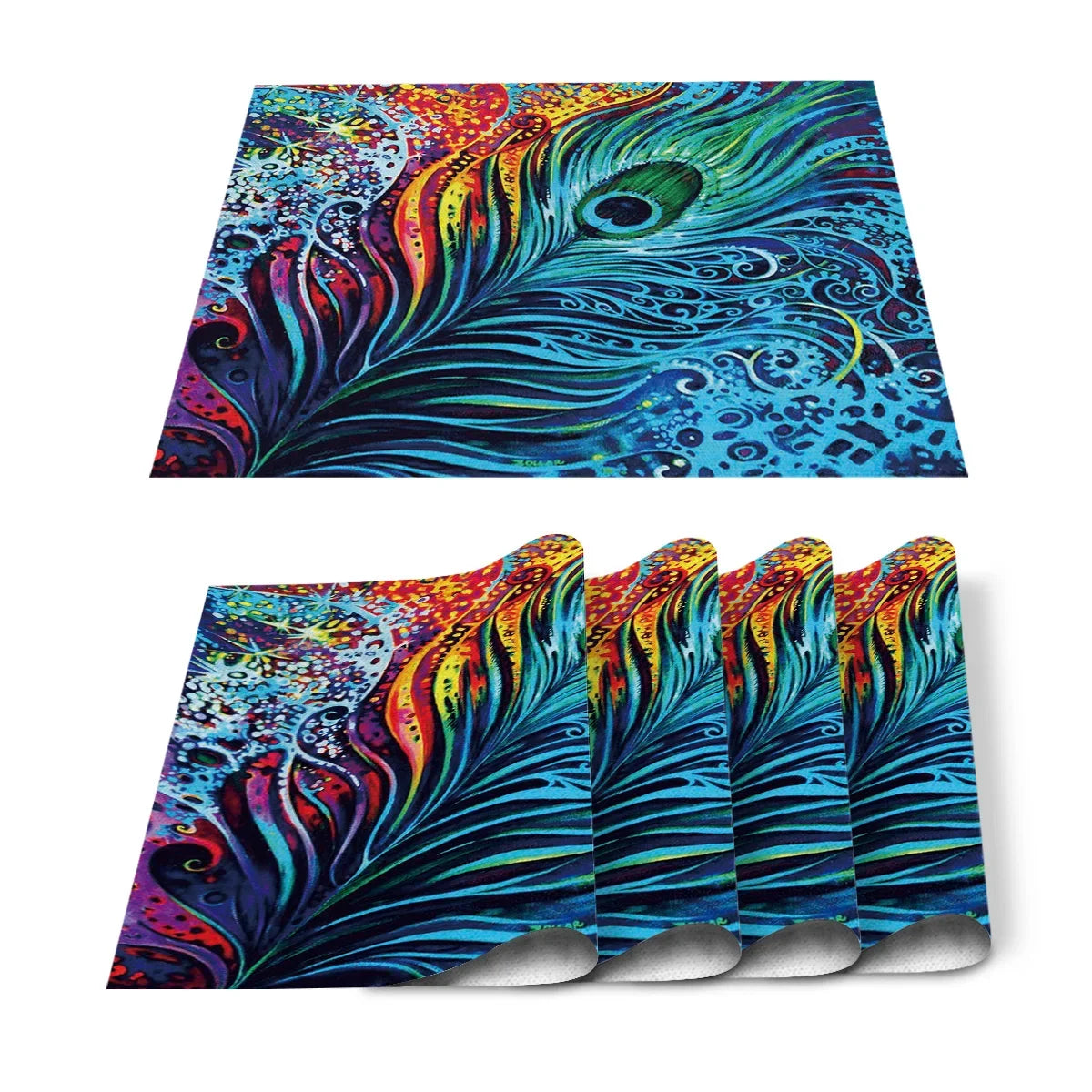 4pcs Set Table Mats.  Peacock Feather Art Printed Cotton Linen Table Napkin.  Party Decorative Placemats
