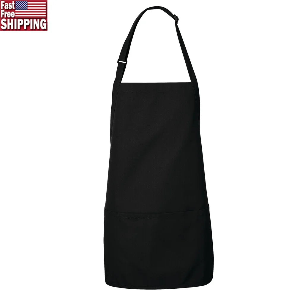 Adjustable Short Bib Apron with Three-Section Pockets.  Ideal for Kitchen Cooking and Crafting Tasks.  Durable Twill
