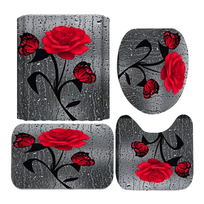 4pcs Set, Doormat, Shower Curtain, Non-Slip Rugs, Toilet Seat Cover, Durable Waterproof