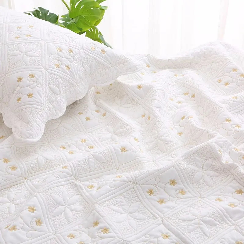 Double-sided Embroidered Cotton Quilted Bedspread.  Padded Summer Blanket, Throw or Coverlet.