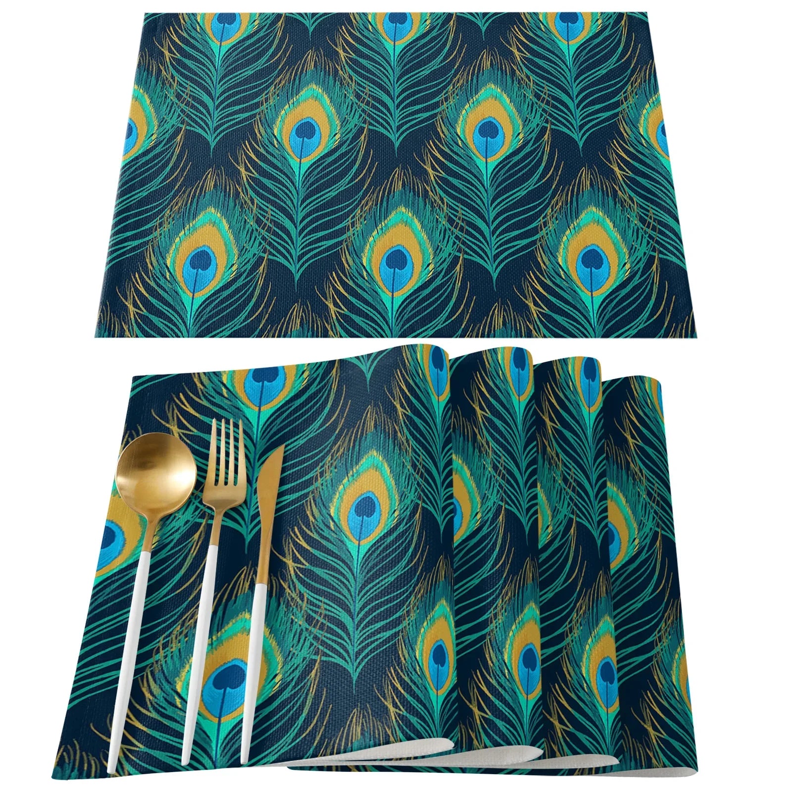 4pcs Set Table Mats.  Peacock Feather Art Printed Cotton Linen Table Napkin.  Party Decorative Placemats