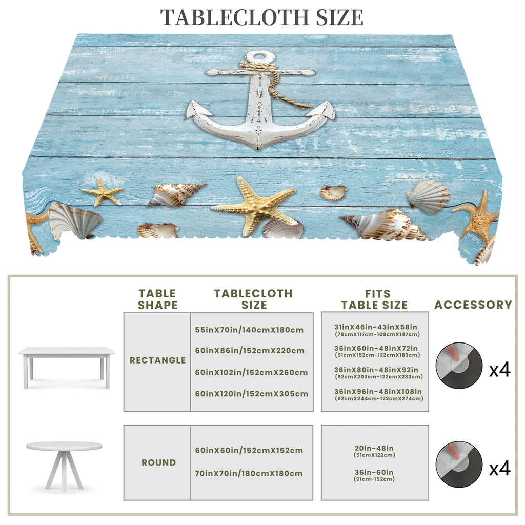 Summer Ocean Theme Printed Tablecloth. Shell; Anchor Pattern Design.  Suitable for Spring and Summer Holiday Parties, Picnic,
Garden Party, Indoor and Outdoor Tablecloth, Perfect Gift for Friends, Multiple Sizes Available