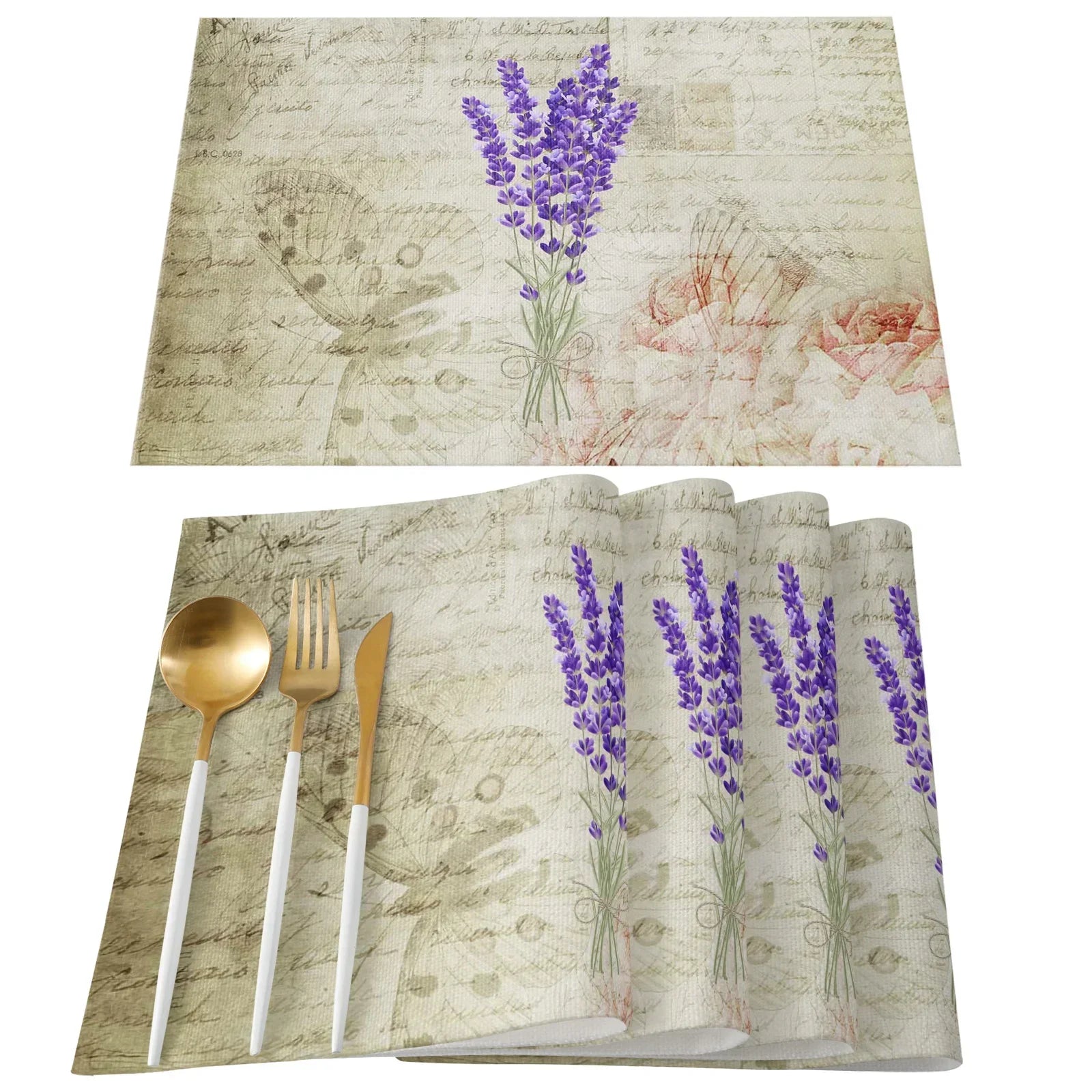 Purple/Lavender Printed Cotton Linen Placemats and Napkins
