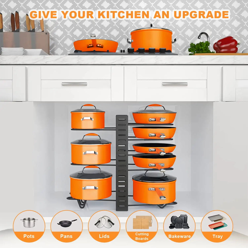Pot storage rack. 8-layer POTS and pans storage. Kitchen cabinet storage metal rack.