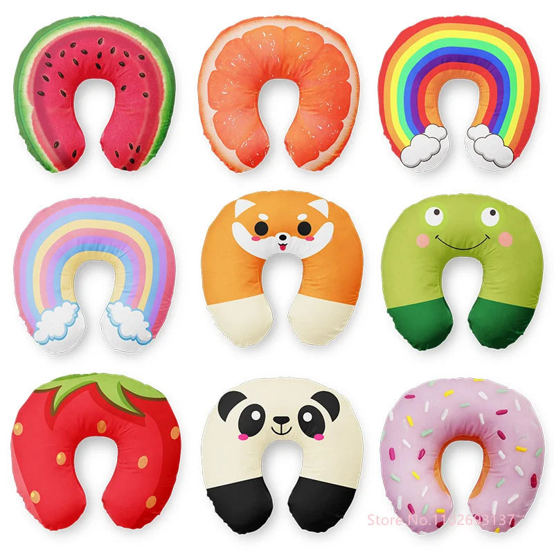 Cute Cartoon Style U Shaped Travel Neck Pillow.  Inflatable Cushion for Kids, Adults, Family, Friends,