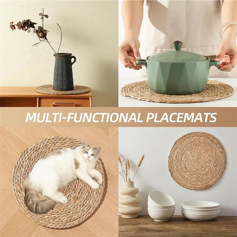 4/8/12pcs.  Round Woven Placemats Sets.  Boho Rattan Natural Placemats in a Farmhouse Weave.