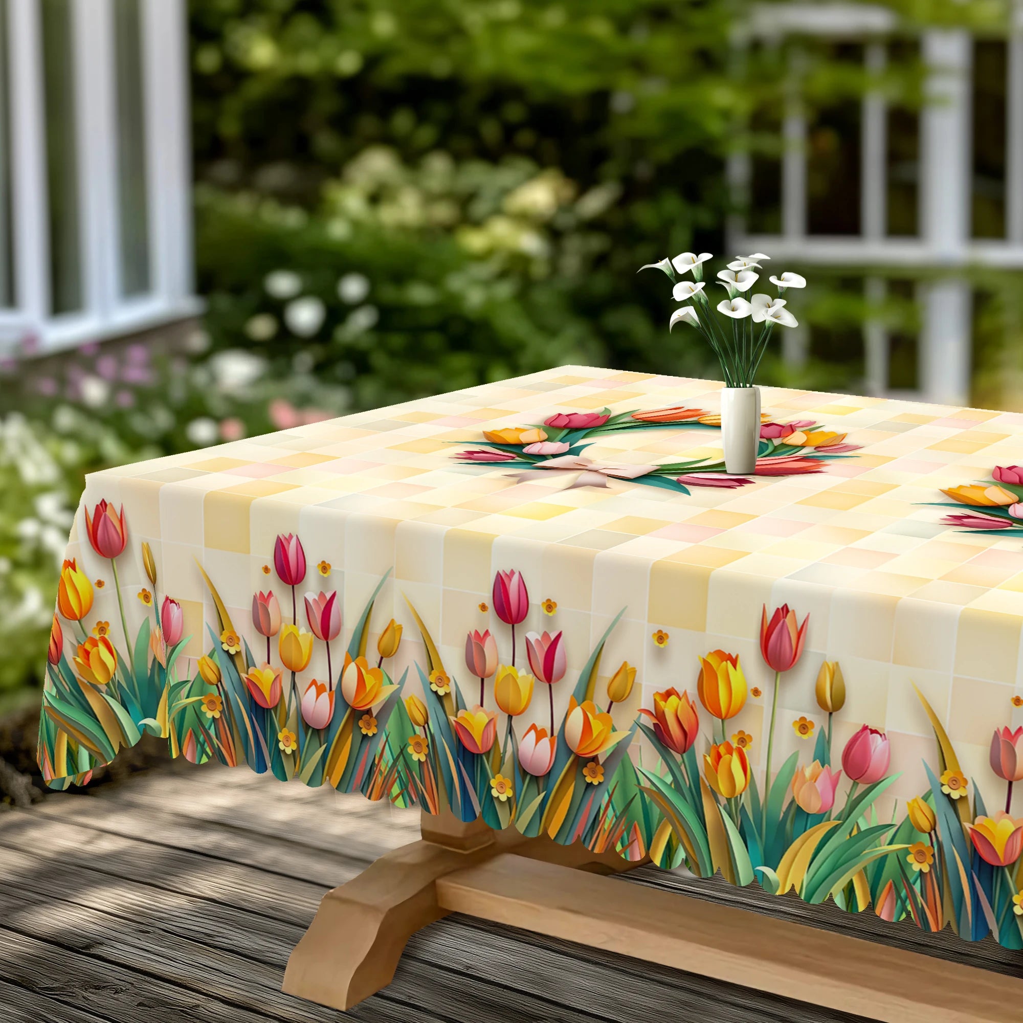 1 Piece Spring/Summer Flower Tablecloth.  Tulip Print Tablecloth.  Restaurant or Kitchen Accessory.  Outdoor Decoration for:  Picnic, Camping. Perfect for Graduation Season, Mother's Day or an Ideal Gift for Family Members.