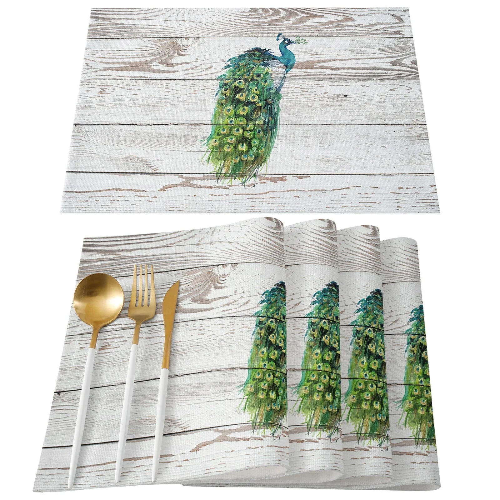 4pcs Set Table Mats.  Peacock Feather Art Printed Cotton Linen Table Napkin.  Party Decorative Placemats