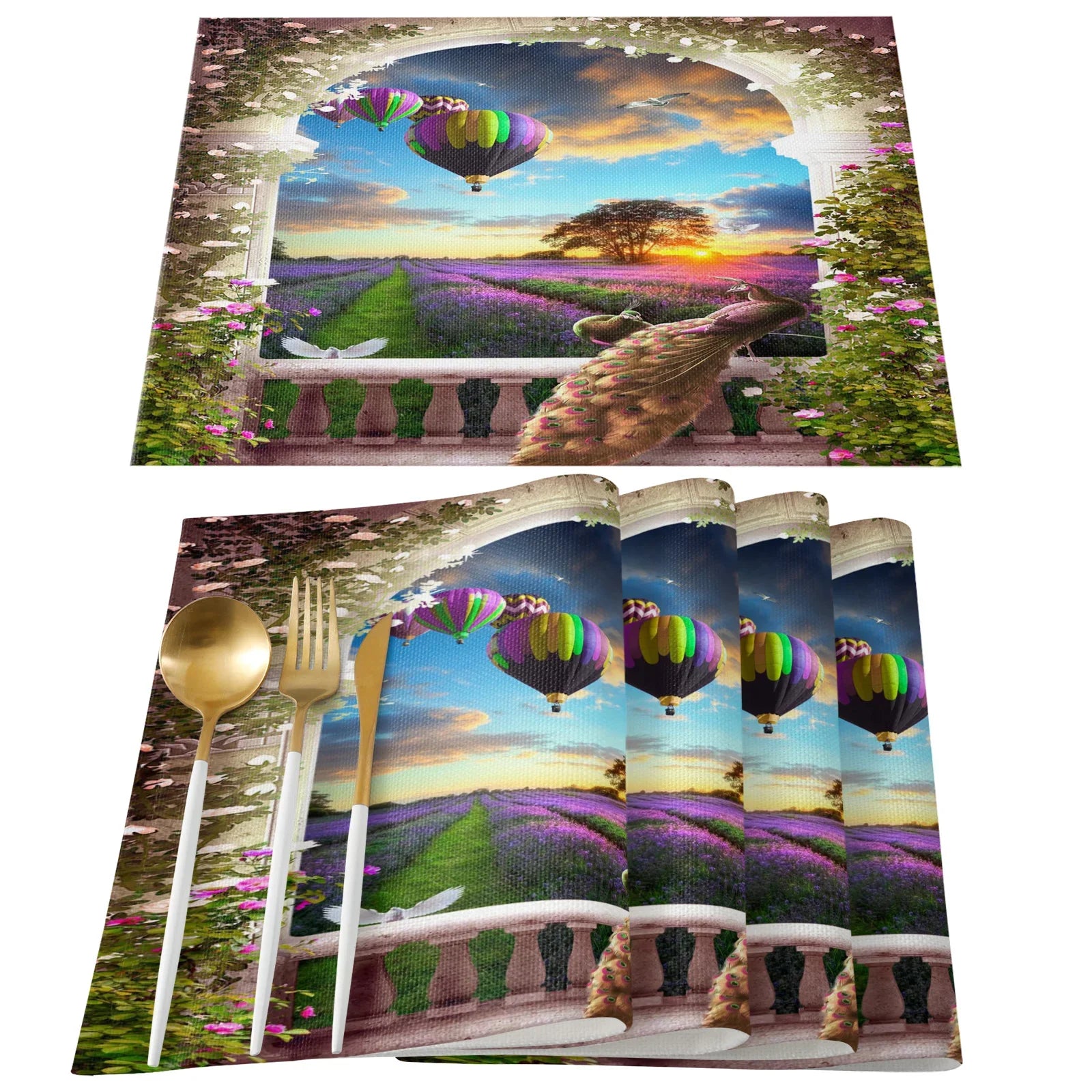 4pcs Set Table Mats.  Peacock Feather Art Printed Cotton Linen Table Napkin.  Party Decorative Placemats