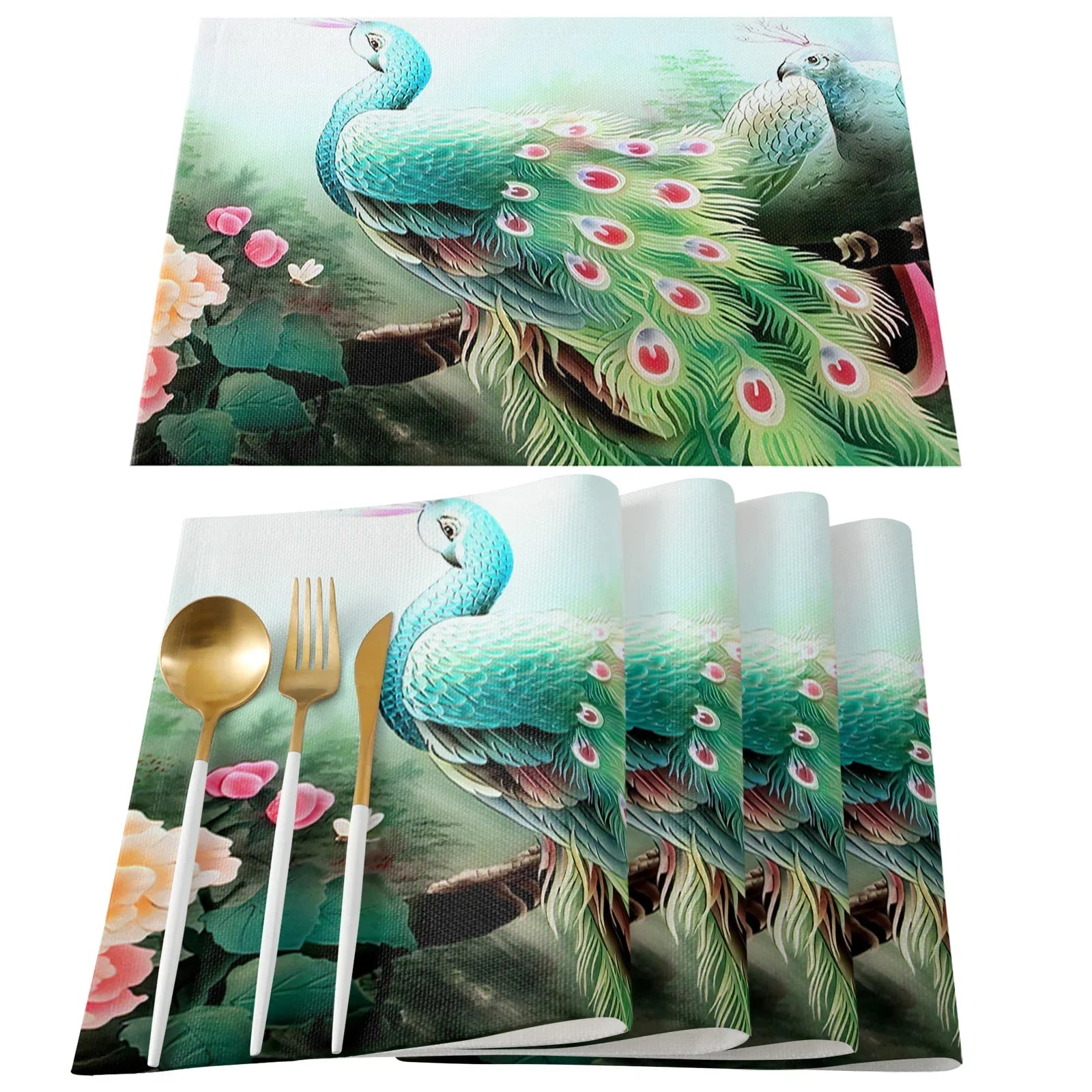 4pcs Set Table Mats.  Peacock Feather Art Printed Cotton Linen Table Napkin.  Party Decorative Placemats
