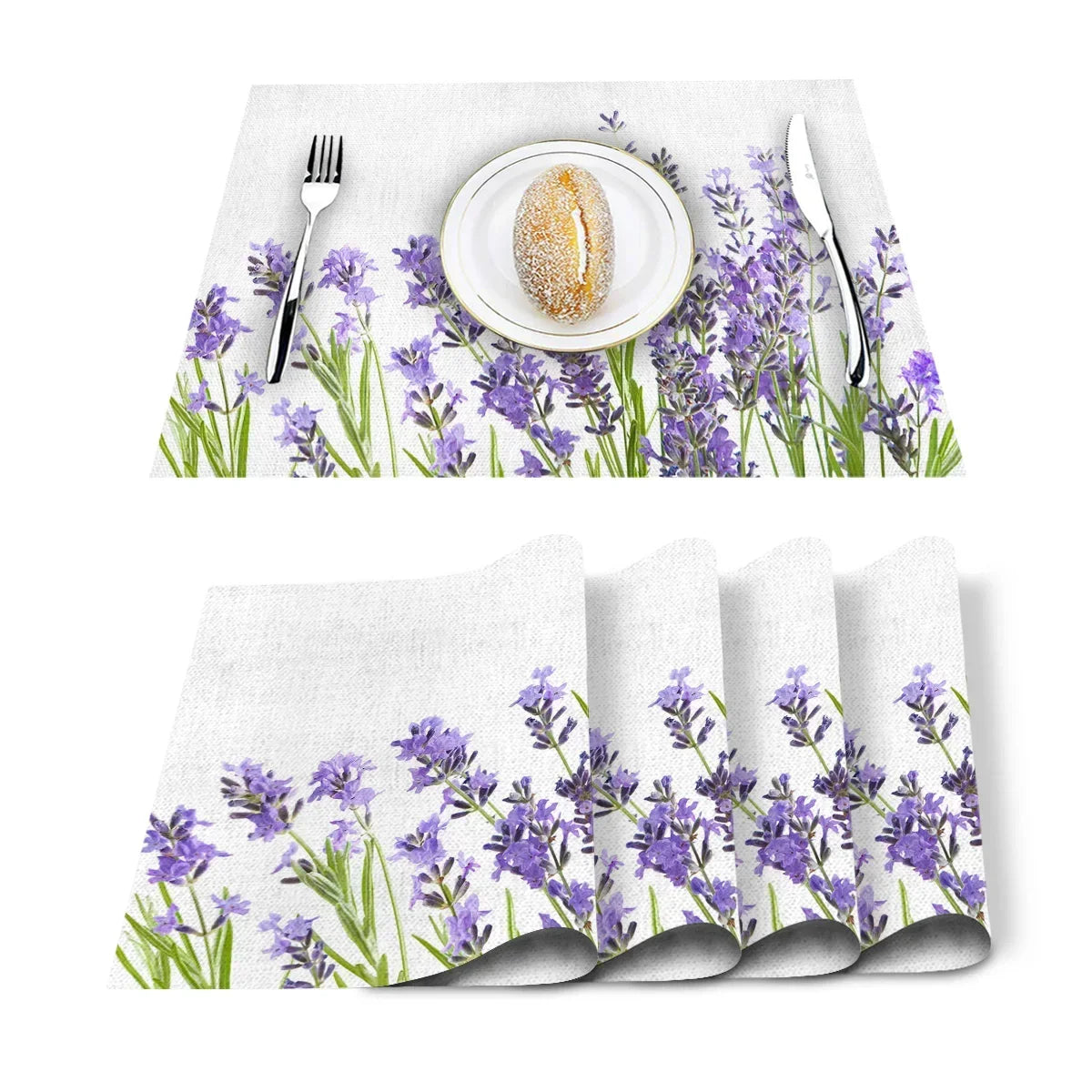 Purple/Lavender Printed Cotton Linen Placemats and Napkins