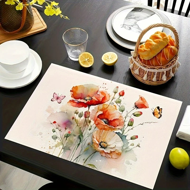 2pcs Spring Summer Placemats. Floral Watercolor.  Decorative Linen Fabric for the Table.