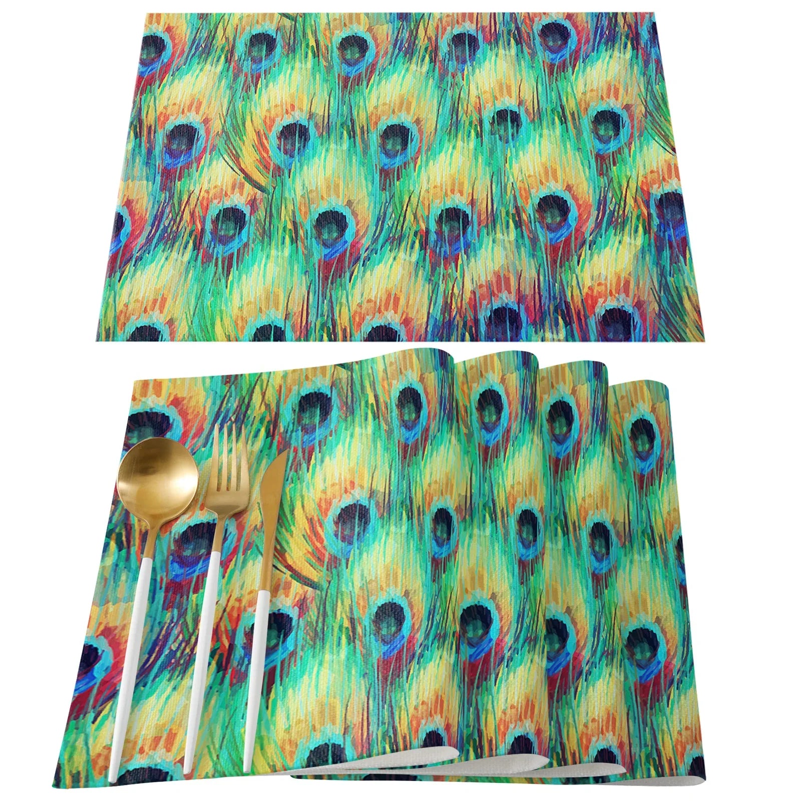4pcs Set Table Mats.  Peacock Feather Art Printed Cotton Linen Table Napkin.  Party Decorative Placemats