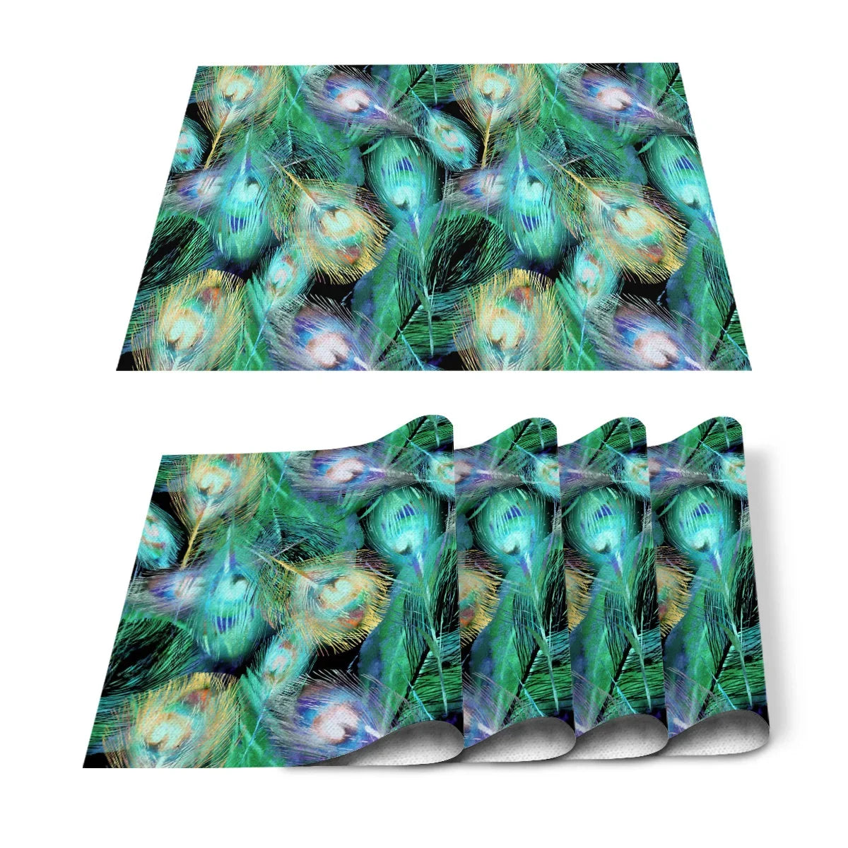 4pcs Set Table Mats.  Peacock Feather Art Printed Cotton Linen Table Napkin.  Party Decorative Placemats