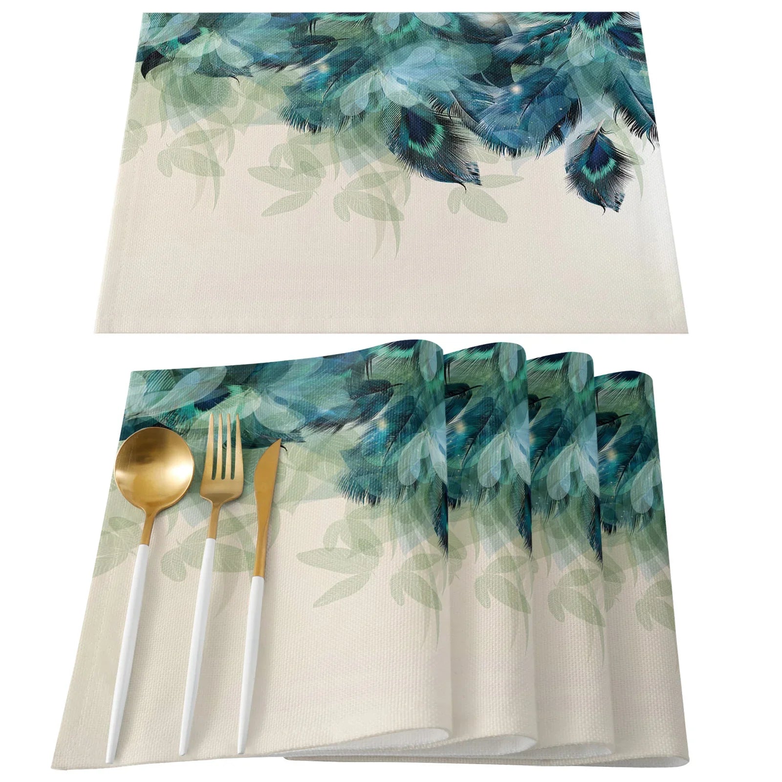 4pcs Set Table Mats.  Peacock Feather Art Printed Cotton Linen Table Napkin.  Party Decorative Placemats