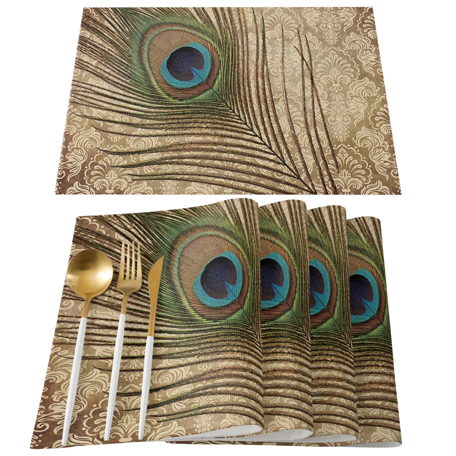 4pcs Set Table Mats.  Peacock Feather Art Printed Cotton Linen Table Napkin.  Party Decorative Placemats