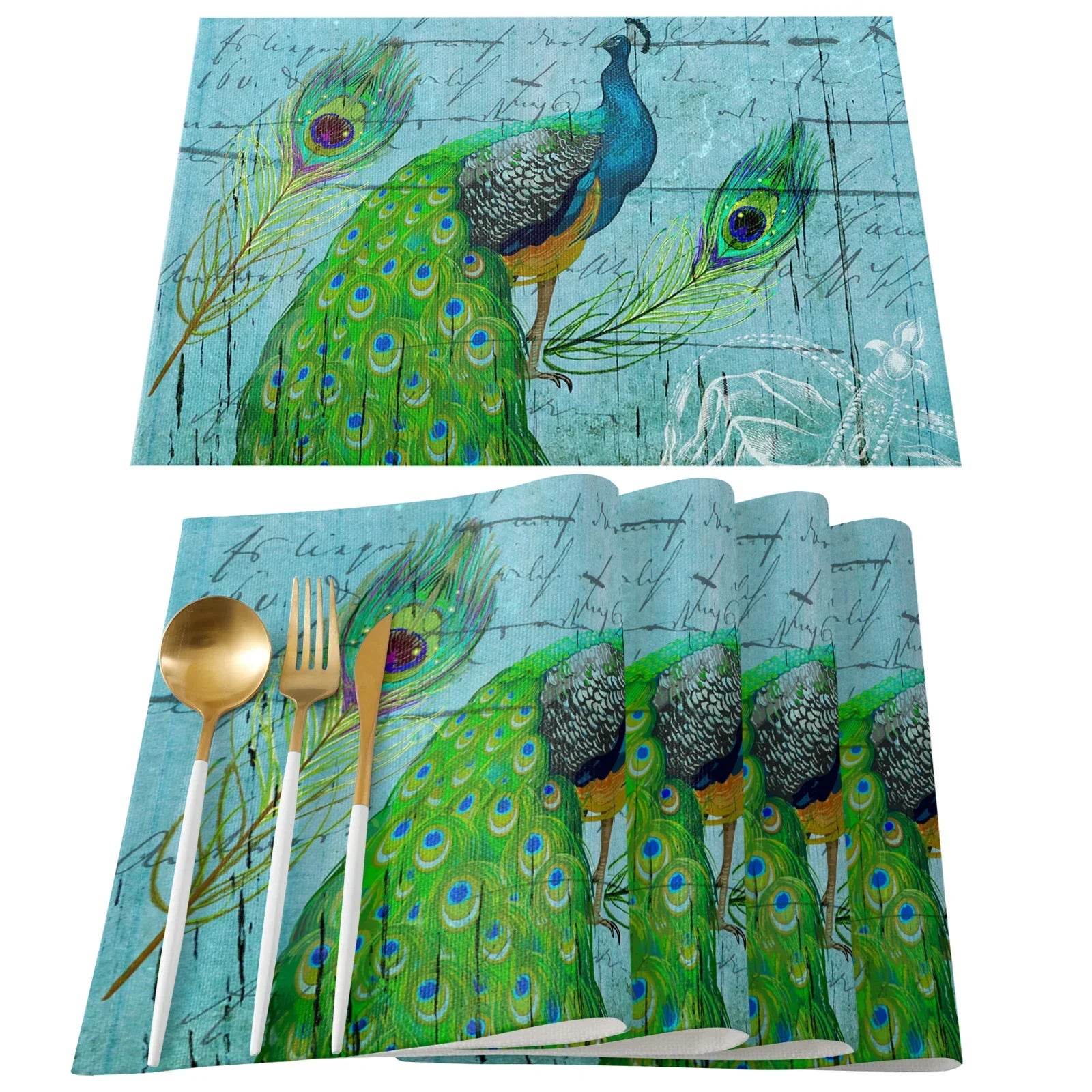 4pcs Set Table Mats.  Peacock Feather Art Printed Cotton Linen Table Napkin.  Party Decorative Placemats