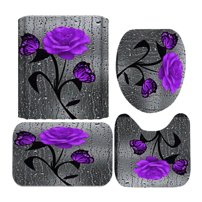 4pcs Set, Doormat, Shower Curtain, Non-Slip Rugs, Toilet Seat Cover, Durable Waterproof