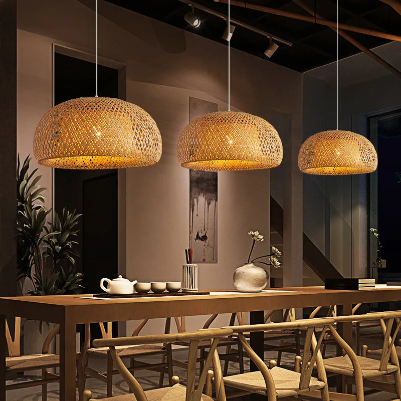Bamboo Lantern, Pendant Lamp, Natural Rattan Wicker.  LED Chandeliers Hand-Woven Lampshades