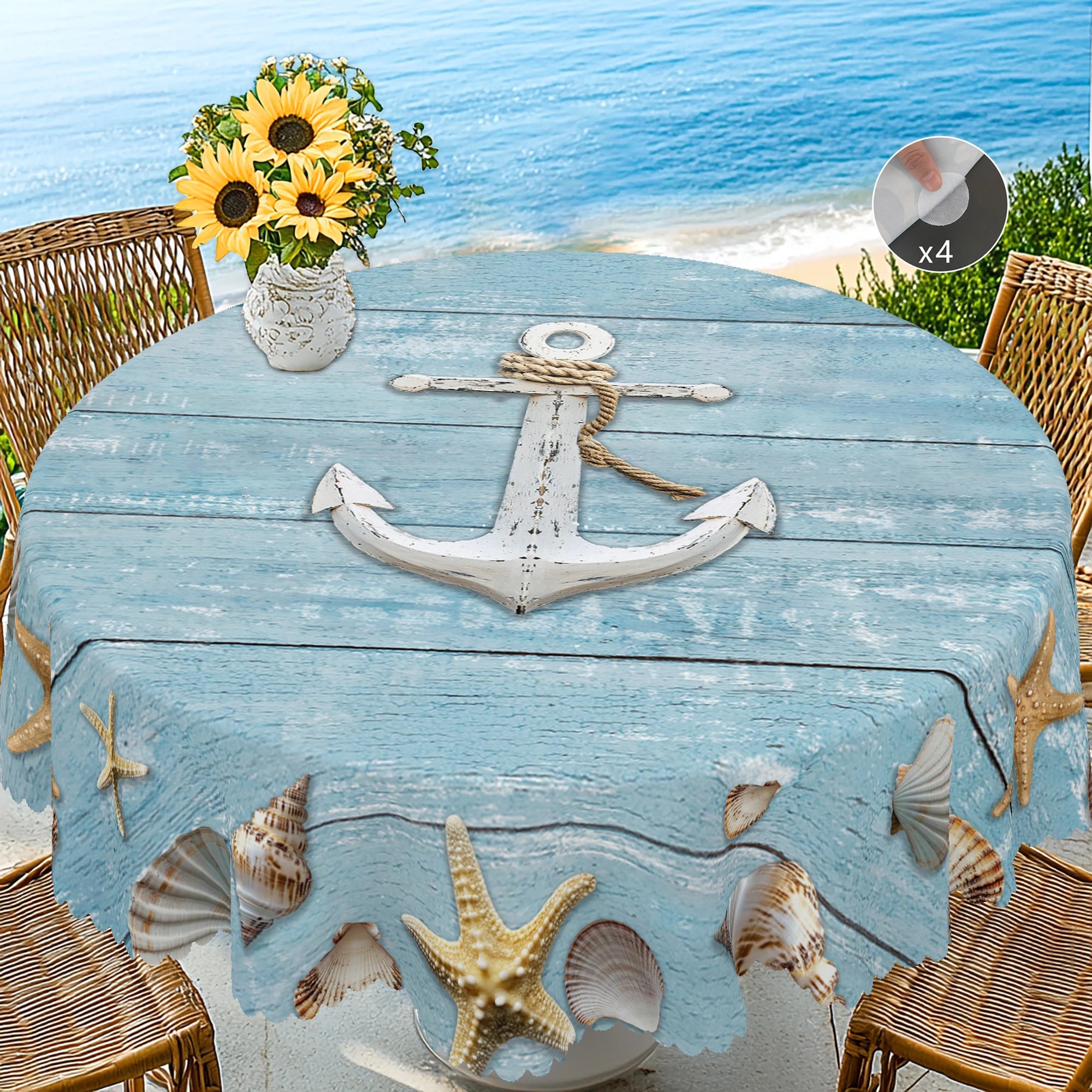 Summer Ocean Theme Printed Tablecloth. Shell; Anchor Pattern Design.  Suitable for Spring and Summer Holiday Parties, Picnic,
Garden Party, Indoor and Outdoor Tablecloth, Perfect Gift for Friends, Multiple Sizes Available