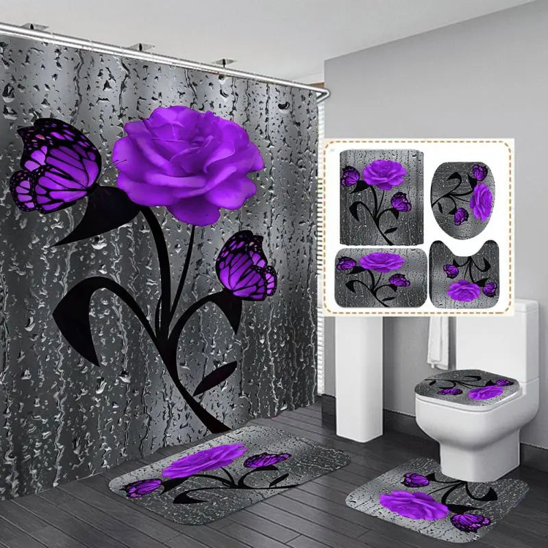 4pcs Set, Doormat, Shower Curtain, Non-Slip Rugs, Toilet Seat Cover, Durable Waterproof
